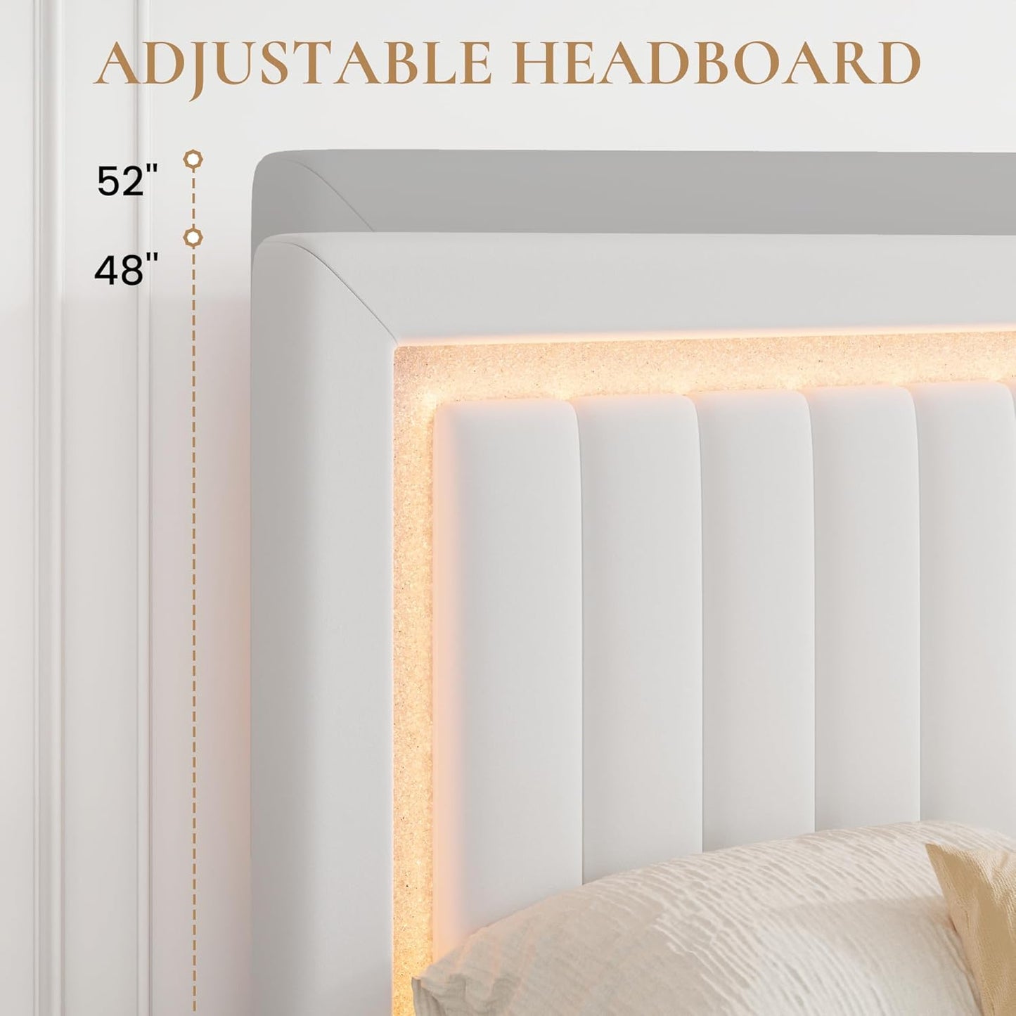 Full Size Velvet Bed Frame with LED Light, Adjustable Vertical Channel Tufted Headboard, Strong Wooden Slats Support, Noise-Free, No Box Spring Needed, White