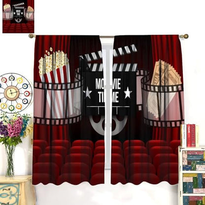 Movie Curtains, Red Curtain Popcorn Drinks Movie Tickets Lights Film Window Treatments Rod Pocket Drapes for Boys Girls Screening Bedroom Movie Theater 42x45in（No Blackout）