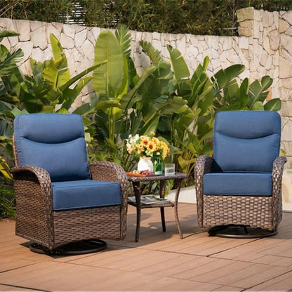Upgraded 6“ Cushion Luxury 3 Pieces Patio Furniture Set - All Weather Wicker Outdoor Swivel Rocker Patio Chairs of 2 with Side Table, High Back Glider Chairs Set for Deck Porch - Brown/Blue