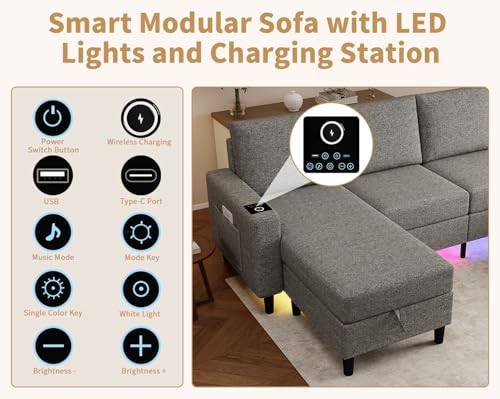 Smart Sectional Couches for Living Room, 6 Seat U/L Shaped Sectional Sofa with RGB Light/Charging, Modern Living Room Furniture for Apartments/Office/More (Light Gray)