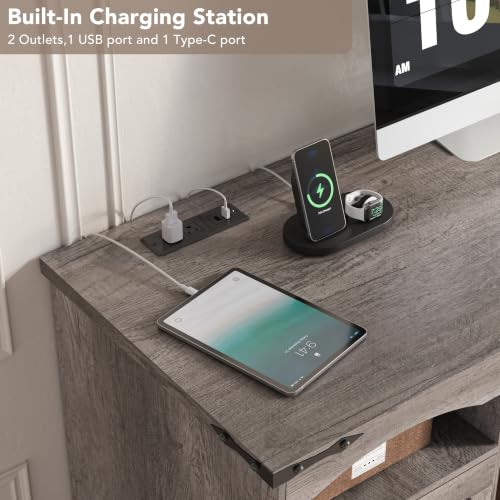 55'' Farmhouse Executive Desk with Drawers & Charging Station, Grey, view 5