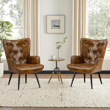 PU Leather Accent Chair for Living Room, Upholstered Reading Chair with High Backrest, Tufted-Button Wingback Armchair for Bedroom, Dressing Room, Home Office, Brown, Set of 2