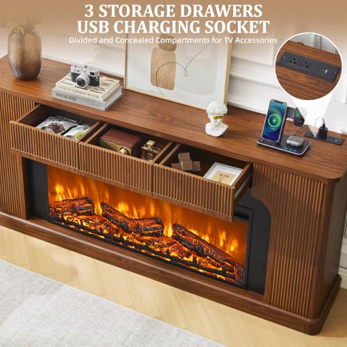 70" Fluted Fireplace TV Stand with 42'' Electric Fireplace, Walnut, view 4