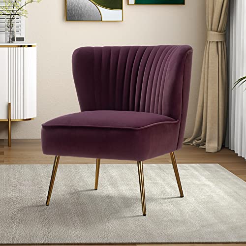 Velvet Accent Chair, Modern Upholstered Cute Side Chair with Gold Metal Legs, Armless Wingback Slipper Chair Comfy Living Room Chair for Bedroom Guest Room Vanity, Purple