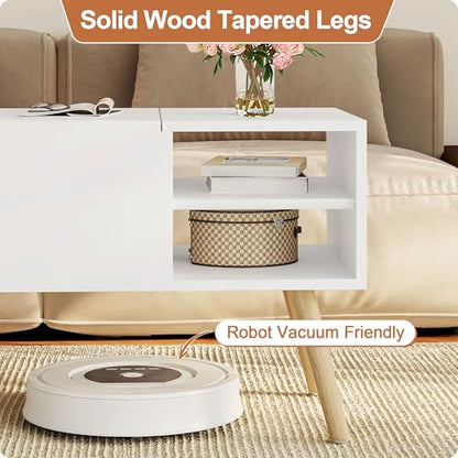 White Coffee Table Lift Top - Coffee Table with Solid Wood Legs, Hidden Storage Compartment & Open Shelves - 40" Lift Up Coffee Tables for Living Room