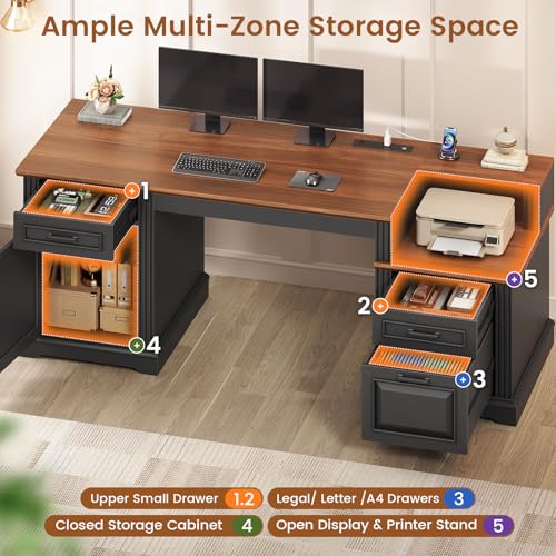 Farmhouse Executive Desk, 62'' Home Office Desk with File Drawers, view 4