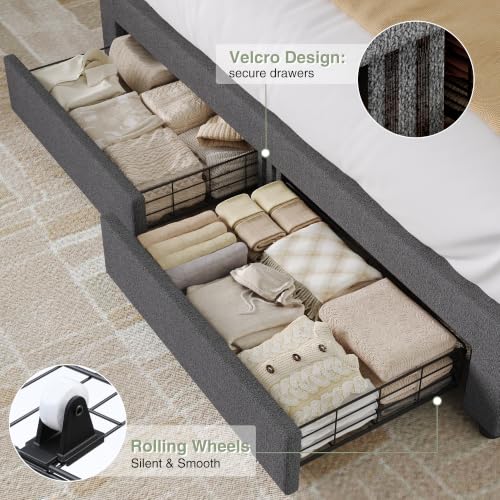 Queen Upholstered LED Bed Frame with Wood Trim Headboard & Storage, Grey, view 7