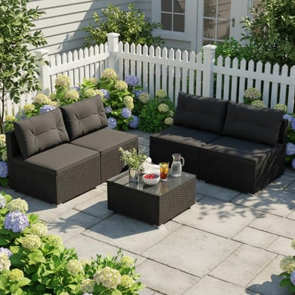 5 Piece Rattan Sofa Set, Outdoor Wicker Furniture Set w/Seat & Back Cushions, Square Coffee Table, Patio Sectional Sofa Set for Backyard, Poolside, Garden (Black)