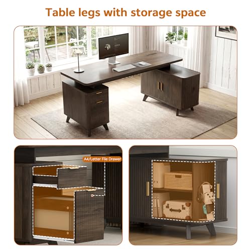 63" Farmhouse L Shaped Executive Desk, Brown, view 5
