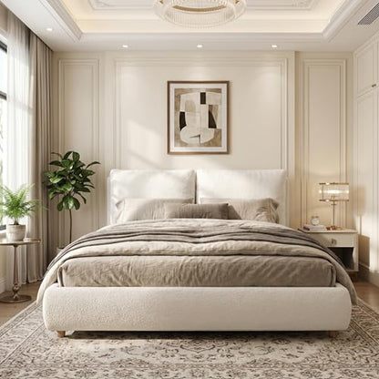 Queen Boucle Upholstered Bed, 2 Removable Headboard Pillows, White, view 4