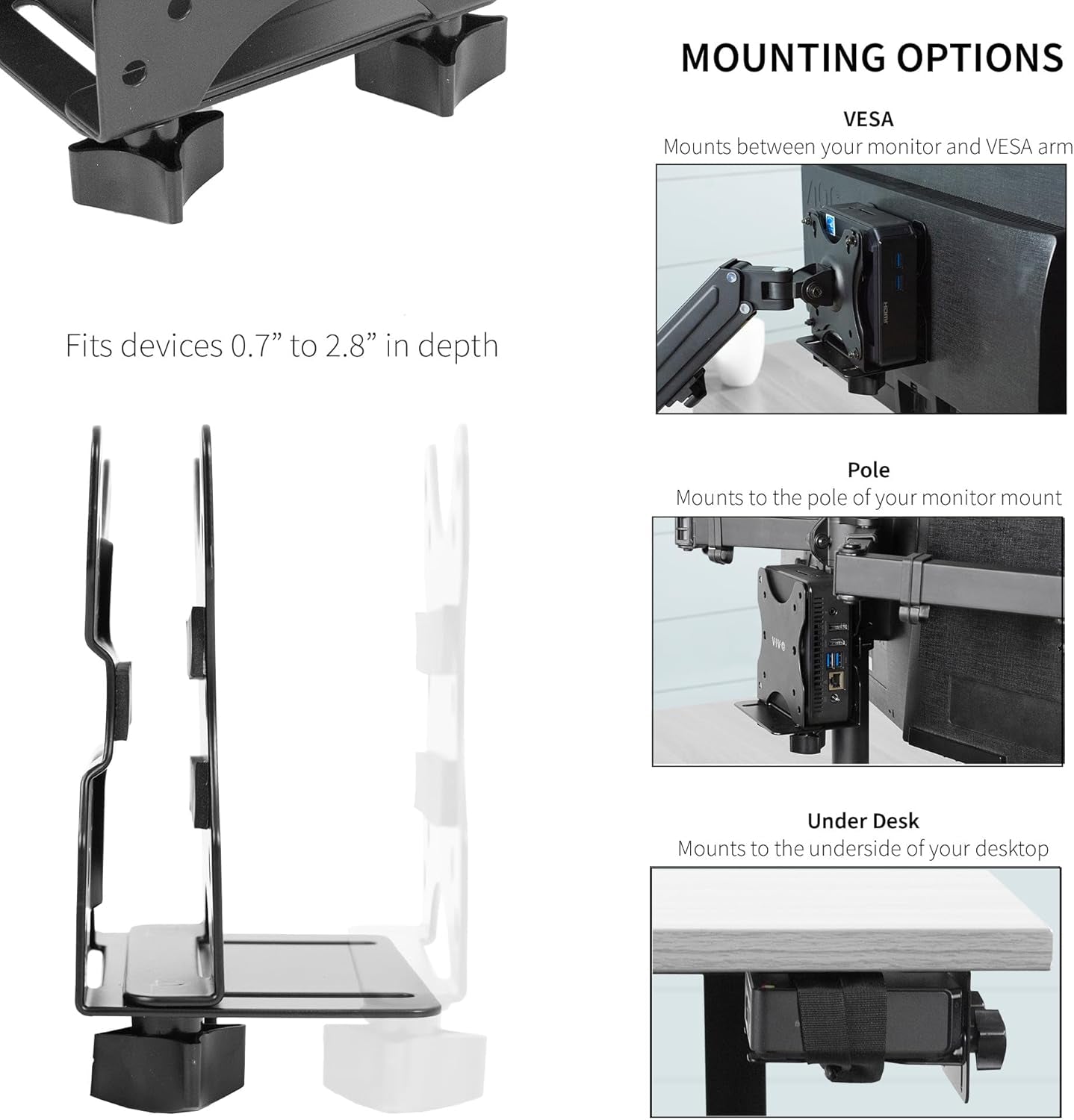 Adjustable Thin Client Mini PC Mount Bracket, CPU VESA under Desk and Monitor Arm Computer Holder, Black, MOUNT-PC05C