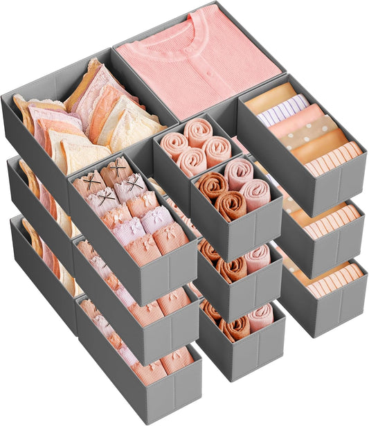 Drawer Organizers, Dresser Divider Organizers, Set of 18, Foldable Fabric Storage Boxes for Socks, Underwear, Bras, Ties, Scarves, Dove Gray URDZ006G05