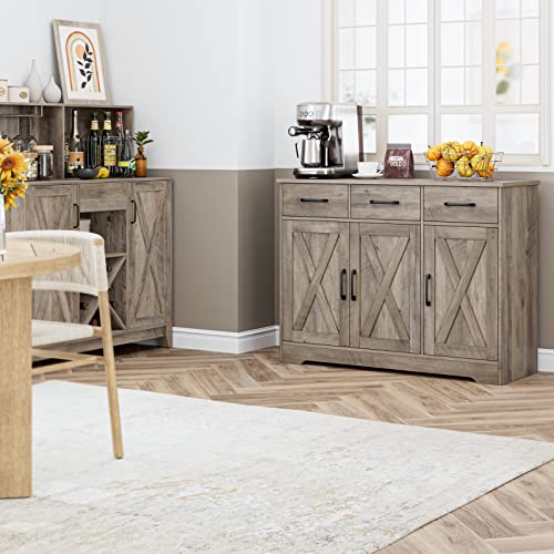 Modern Farmhouse Buffet Sideboard Cabinet, Barn Doors Storage Cabinet with Drawers and Shelves, Wood Coffee Bar with Storage for Dining Room, Kitchen, Living Room, Ash Grey