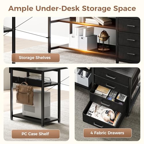 61" L Shaped Desk with Drawer, Computer Desk with Power Outlets & LED Lights, Reversible Corner Gaming Desk for Home Office Workstation, Office Desk with Monitor Shelf, Pure Black