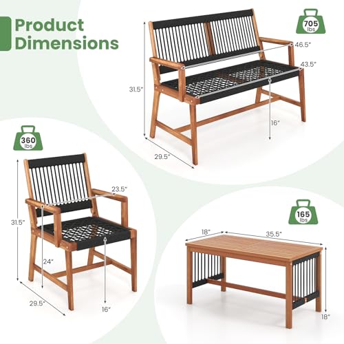 4 Pieces Patio Furniture Set Acacia Wood Conversation Set with Hand-Woven Rope Design, Ergonomic Loveseat & Single Chairs, Wooden Chair & Table Set for Porch Yard Poolside