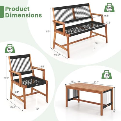 4 Pieces Patio Furniture Set Acacia Wood Conversation Set with Hand-Woven Rope Design, Ergonomic Loveseat & Single Chairs, Wooden Chair & Table Set for Porch Yard Poolside
