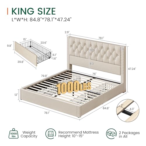 King Size Bed Frame with 4 Storage Drawers and Tufted Headboard Linen, view 3