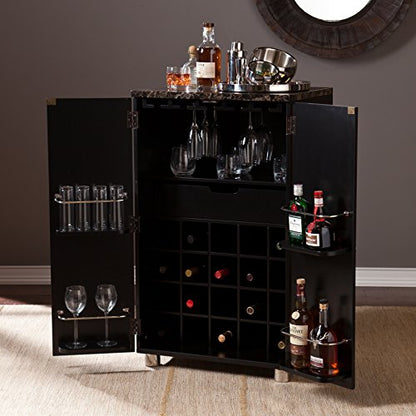 Cape Town Bar Cabinet w/Wine Storage, Faux Marble Countertop with Black Finish