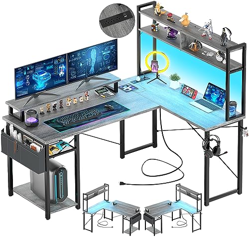 Small L Shaped Desk Gaming Desk with LED Lights & Power Outlets, view 2