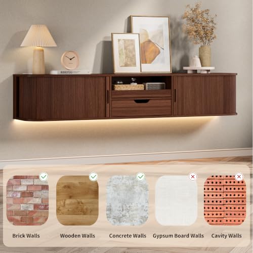 DHH 71" Floating Fluted TV Stand with Drawer for TVs up to 80",Walnut, view 5