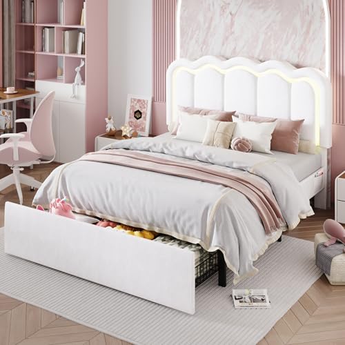 Queen Size Bed Frame with LED Lights and Storage Drawer, White, view 2