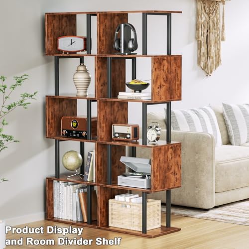6 Tier Bookshelf, S Shaped Geometric Bookcase, Rustic Brown, view 5