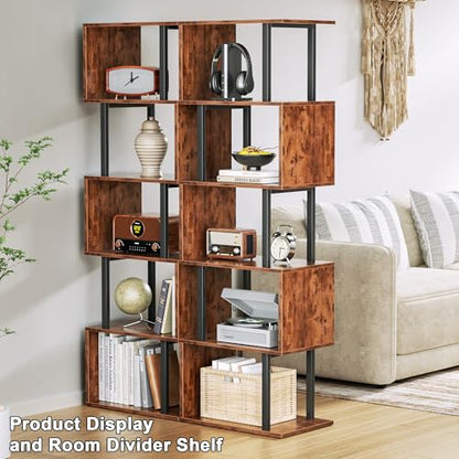 6 Tier Bookshelf, S Shaped Geometric Bookcase, Rustic Brown, view 5