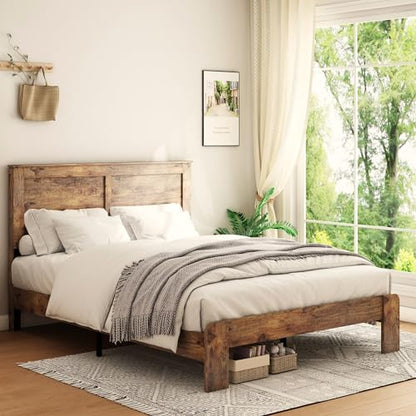 DWOYFO Wood Platform Bed Frame, Queen Bed Frame with Headboard, Dark Brown, view 2