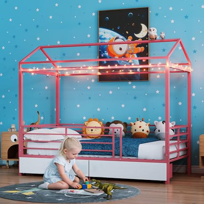 LUMISOL Twin House Bed Frame with Drawers & Guardrail, Metal House Platform Bed with Storage, Pink