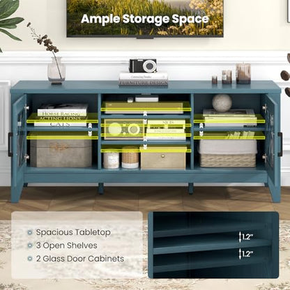 Farmhouse TV Stand for TVs Up to 65-in, Classic Media Entertainment Center w/Glass Door Cabinets & 4 Adjustable Shelves, Modern TV Console Table w/ 3 Cable Holes for Living Room (Teal Blue)