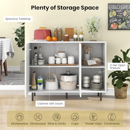 Buffet Cabinet with Storage, Wooden Sideboard with 2-Door Cabinet, 2 Cubes, 5-Position Adjustable Shelves, 5 Metal Legs, Anti-Toppling Device, Modern Furniture for Kitchen Living Room (White)