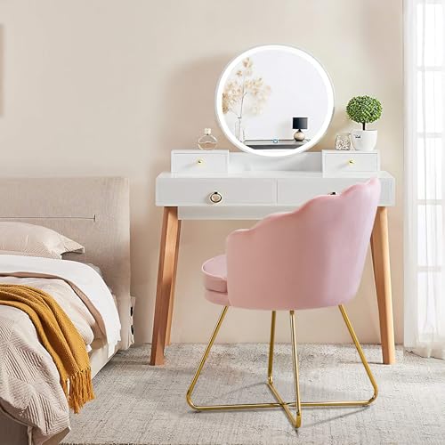 Pink Vanity Chair with Back, Velvet Shell Accent Chairs for Living Room Bedroom, Criss Cross Chair with Gold Legs no Wheels, Seat for Make up