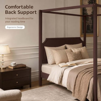 Walnut Wooden Canopy Bed Frame Queen with Tall Headboard, view 5