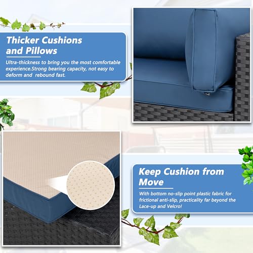 5 Pieces Outdoor Patio Sectional Sofa Couch, PE Wicker Furniture Sets, Patio Conversation Sets with Washable Cushions Glass Coffee Table for Garden, Poolside, Backyard, Aegean Blue