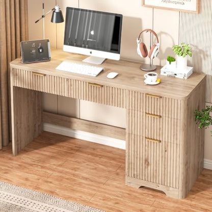 59" Fluted Executive Desk with Adjustable File Drawer, Oak, view 2