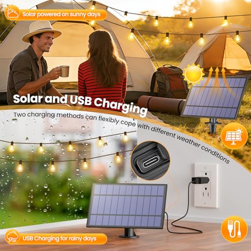 25FT Solar Powered String Lights Outdoor, Waterproof Solar Patio Light String with 10+1 Shatterproof LED G40 Bulbs for Backyard Garden-Black