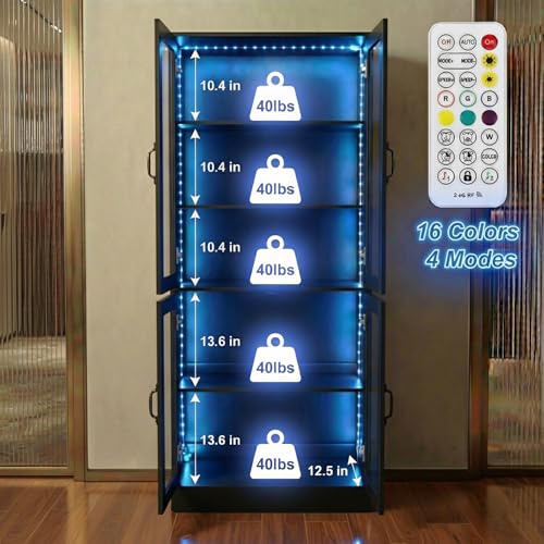 Modern Black 5-Tier Display Cabinet with Glass Doors and LED Lights, 65" Tall Storage Bookshelf, 4-Door Freestanding Curio Cabinet for Living Room, Home Office