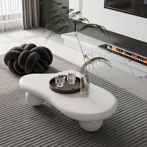40" Irregular Cloud Coffee Table Asymmetrical Tea Table Low Coffee Table Unique Center Tables with 3 Ball Legs for Living Room Office Apartment Modern Furniture Cream White