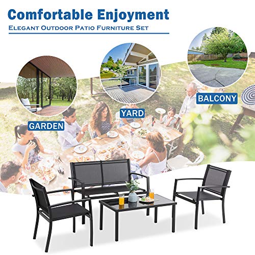 4 Pieces Patio Furniture Sets,Outdoor Patio Conversation Sets with Glass Coffee Table, Small Porch Balcony Furniture, Patio Table and Chairs Set for Garden, Backyard (Black)