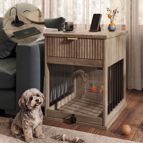 Dog Crate Furniture End Table with Charging Station & Drawer for Small Dogs, view 2