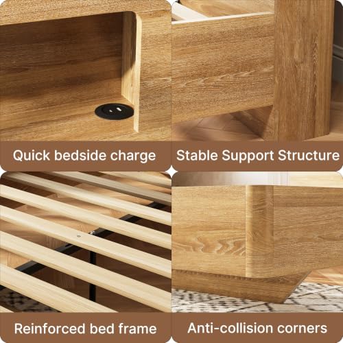 Full Bed Frame with Headboard, Led Lights, No Box Spring Needed, Wooden Slats, view 4
