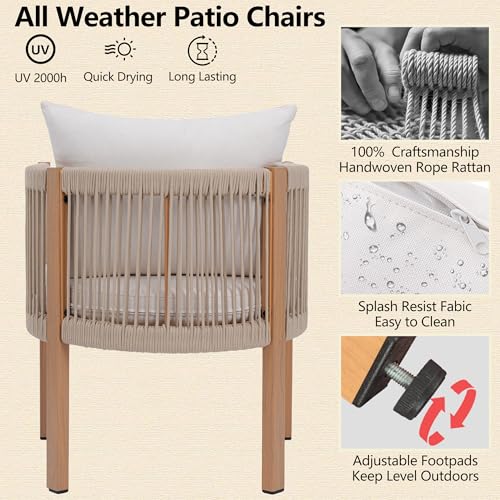 Outdoor Dining Chairs Set of 2, Wicker Patio Furniture Set with Armrests, Cushioned Backrest Patio Arm Chairs, Metal Barrel Dining Room Chair, Modern Kitchen Table Chair for Balcony, Beige