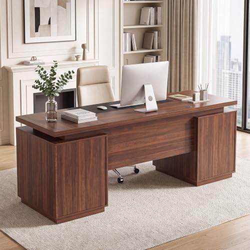71" Office Desk with Storage, Fluted ExecutiveDesk with Drawers, Walnut, view 4