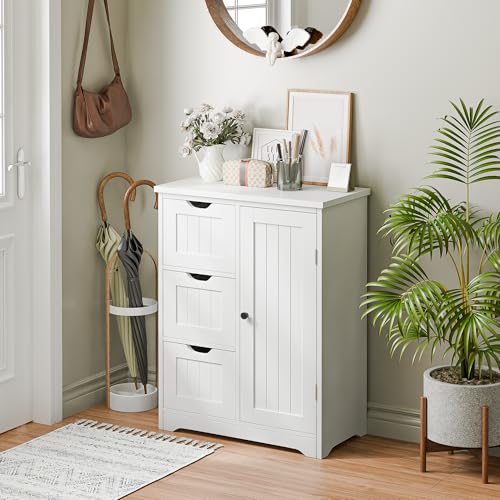 Bathroom Storage Cabinet with 3 Drawers and 1 Door, Entryway Home Decor Furniture Towels Storage Organizer Unit, White