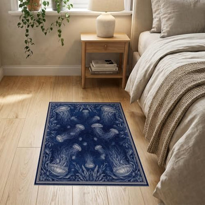 2'x3' Blue Deep Ocean Jellyfish Design Washable Doormat | Mystical Underwater World with Marine Animals Non-Slip, Low Pile for Entryway, Kitchen, Laundry Room
