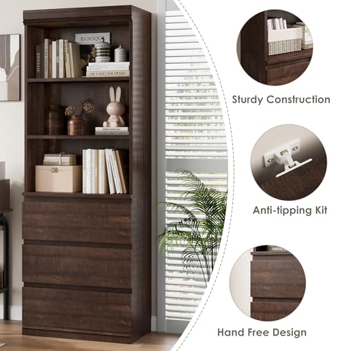 70" Tall Bookcase with Drawers, Bookshelf w/ 3 Tier Open Shelves & 3 Storage Drawers, Modern Deep Storage Book Shelf Storage Cabinet Organizer for Living Room Office Library (Brown)