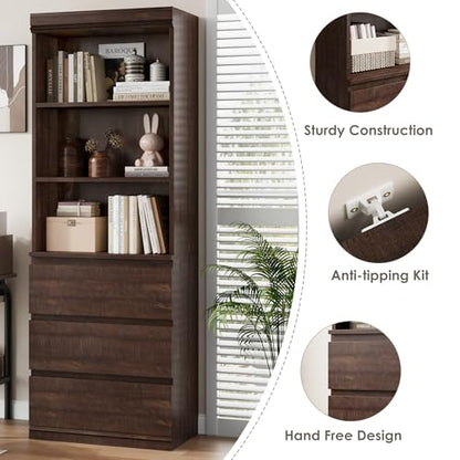70" Tall Bookcase with Drawers, Bookshelf w/ 3 Tier Open Shelves & 3 Storage Drawers, Modern Deep Storage Book Shelf Storage Cabinet Organizer for Living Room Office Library (Brown)