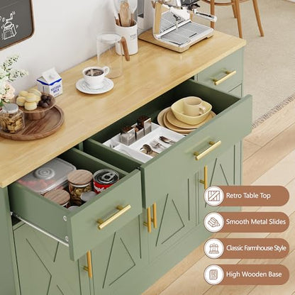 Buffet Cabinet with Storage,53.4" Large Kitchen Storage Cabinet with 3 Drawers and 4 Doors,Wood Farmhouse Buffet Sideboard with Adjustable Shelf for Kitchen Living Room, Green