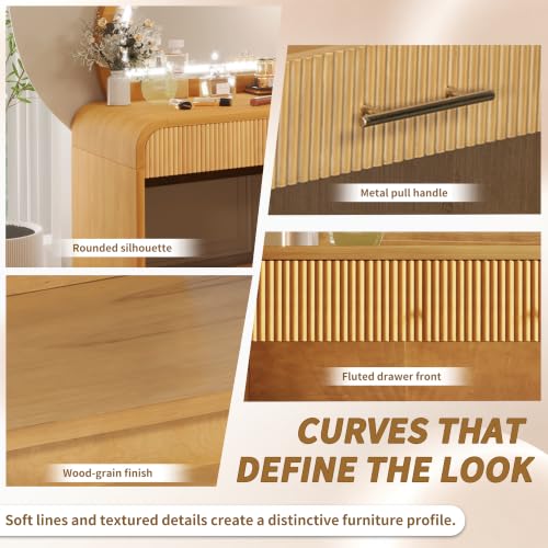 Makeup Vanity Desk with LED Mirror, Drawer and Curved Edges Natural, view 8