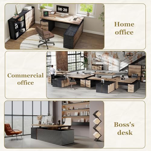 70.87IN Adjustable Heigh L Shaped Executive Desk w/Cabinet Storage, Modern Computer Standing Home Office Desk w/File Cabinet, AC/USB, Large Writing Table Business Workstation